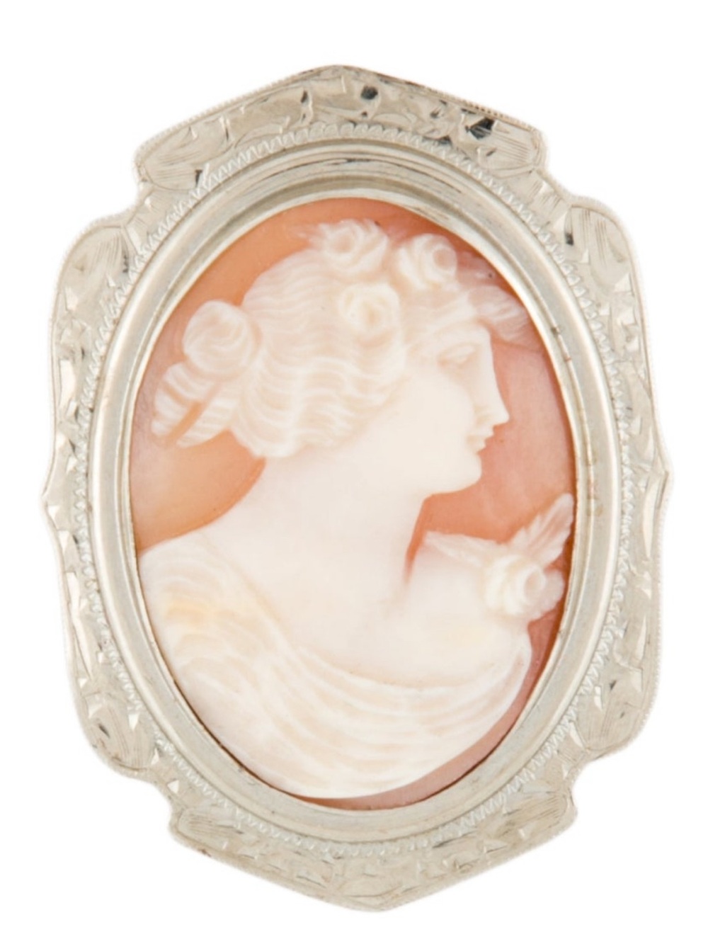 Vintage 14K White Gold & Real Shell Cameo Pin Brooch - Picture 3 of 13